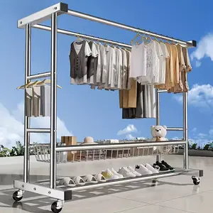 Stainless steel Heavy Duty Clothes Rack, Rolling Clothing Rack With Shelves Load 620 LBS, Double Rod Clothing Racks for Hanging Clothes, Portable& Adjustable Clothes Rack with Wheels Garment Rack，Clothes rack with storage basket, shoe rack