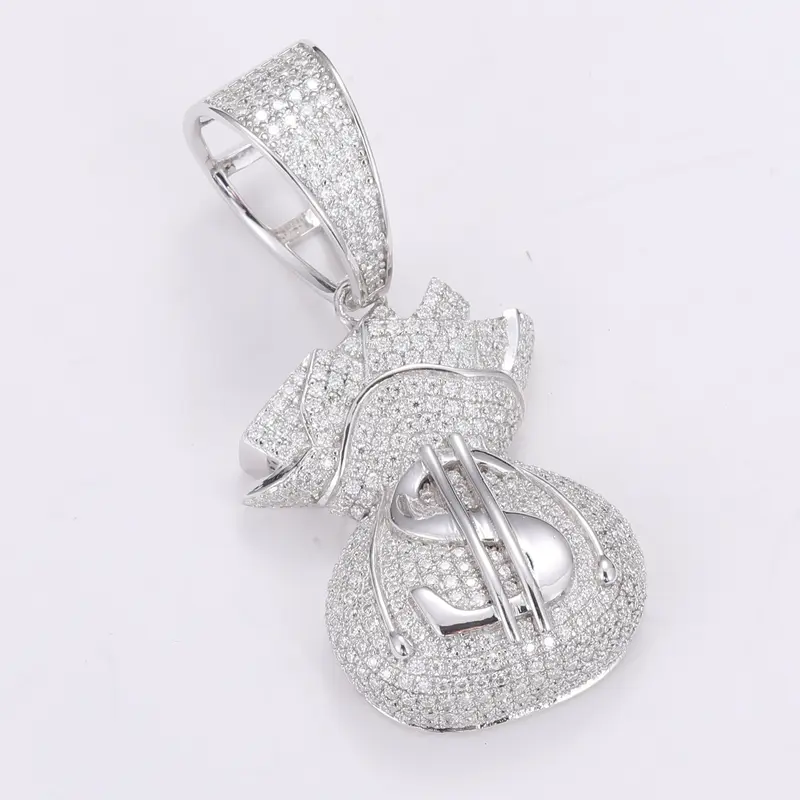 UCCIYO #P274 Unisex 925 Sterling Silver Prong-Set Round Money Bag Pendant Necklace - D Color VVS Clarity Synthetic Moissanite, Casual Daily Wear Rock Style Adult Jewelry, Yes by Guangzhou Qunpeng Jewelry Co., Ltd.
