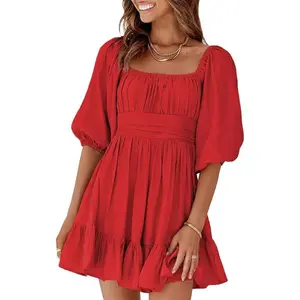 Womens Summer Dresses Square Neck Tie Back Lantern Sleeve Ruffle A-Line Casual Dress