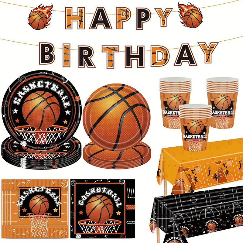 147-Piece Basketball Themed Happy Birthday Party Supplies Set - Disposable Bold Prints & Court Graphics Tableware Kit with Plates, Cups, Napkins, Tablecloths, Banner for Boys’ Large Parties & Slam Dunk Events