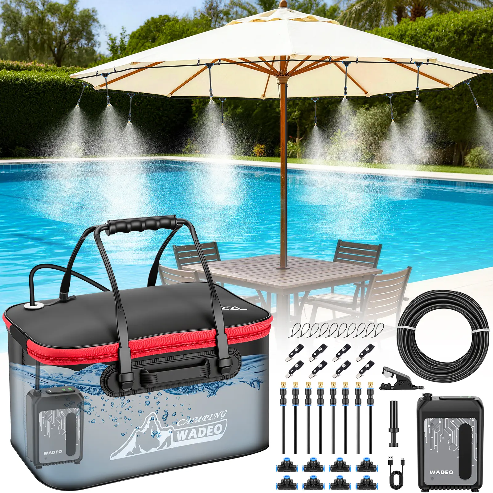 DIY Portable Misting Systems for Outside, Movable Misters Set with Submersible Pump for Patio, Outdoor Water Cooling Misters for Garden, Greenhouse, Fan, Umbrella, Canopy, Pasture, Camping(22L Bucket)