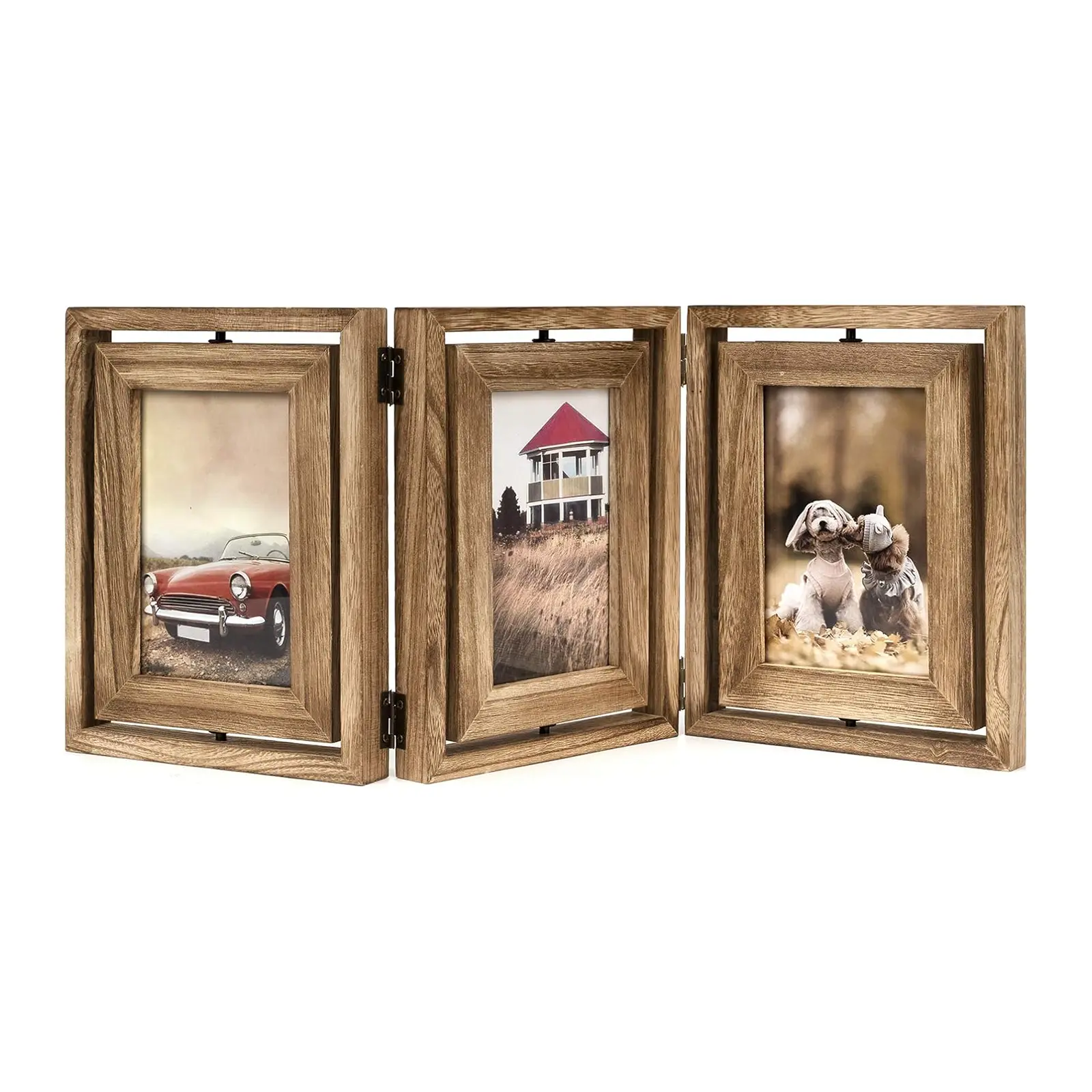 4x6 Picture Frame Collage for Home Tabletop, Rustic Wood Hinged Folding Triple Photo Frame, Double Sided Rotating Glass Picture Display for Desk Shelf Counter, Holds 6 Vertical Photos, Vintage Black Finish