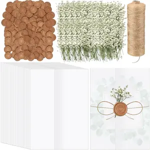 Wedding Invitation Kit Include Pre Folded Vellum Jackets for 5 x 7 Inch Invitation Dried Baby's Breath Flowers Gold Wax Seal Stickers Linen for Wedding Birthday Party Favors Craft DIY 50 Sets