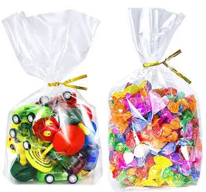 Bottom Gusset Bags, Clear Plastic Cellophane Treat Goodie Bags with Ties for Party Favor, Candy, Cookie, Popcorn, Small Gift Wrapping (No Side Gusset)