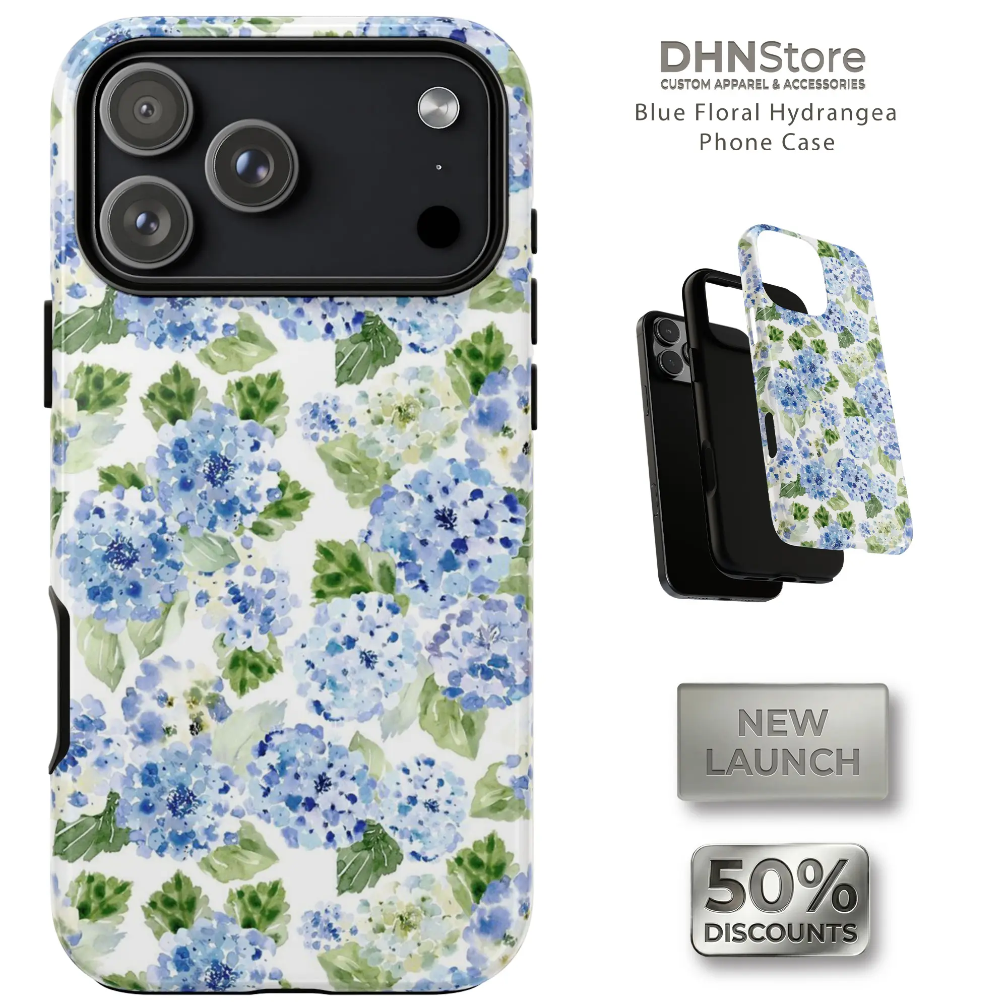 [Flash Deal] DHNStore Transparent Blue Crystal Floral Hydrangea Protective Cellphone Cover, Aesthetic Watercolor Garden Flower Accessory, Wireless-Friendly Gift for Her, Compatible with iPhone 17/16e/16/15/14/13/12/11 Pro Max & Galaxy S24/S23/S22 Ultra