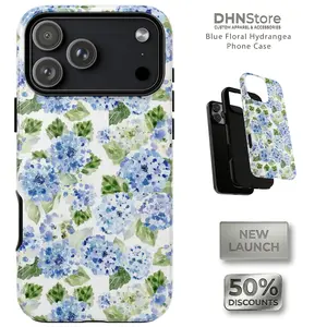 [Flash Deal] DHNStore Blue Floral Hydrangea Phone Case, Aesthetic Watercolor Garden Flower Cover, Floral Gift for Her, Phone Case for iPhone 17 16e 16 15 14 13 Phone Case iPhone 12 11 Pro Max, Samsung S24 S23 S22 Ultra