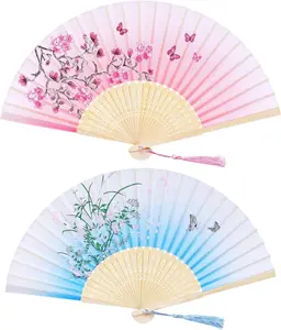 2 count Handheld Fans Silk Folding Fans with  Frames for Dancing  Wedding Party Props Decoration, Pink Blue, Floral