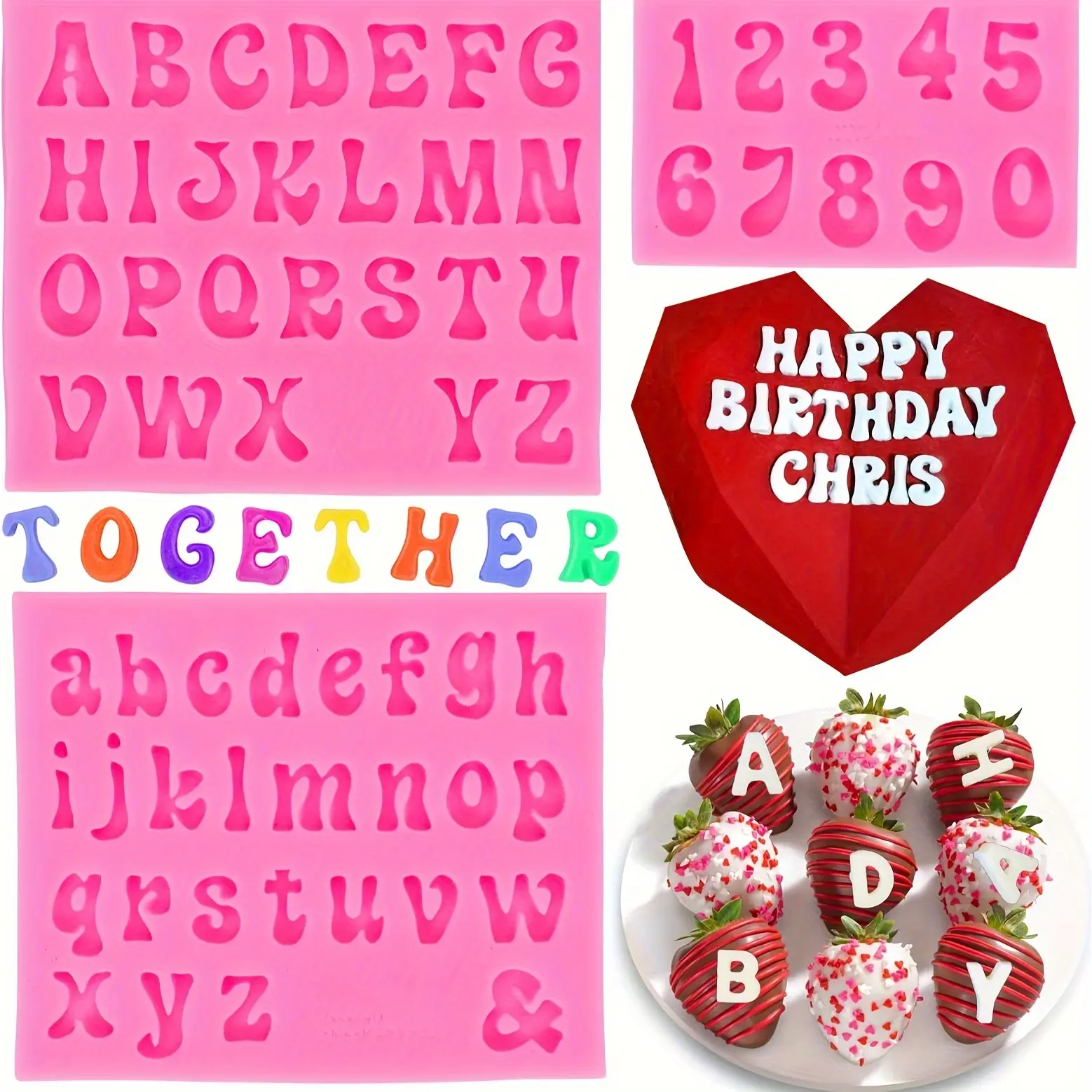 3PCS Letter Molds for Chocolate Covered Strawberries, Silicone Uppercase Lowercase Alphabet Number Fondant Mold for Making Candy, Gummy, Biscuit, Ice Cube Tray, Cake Decorations