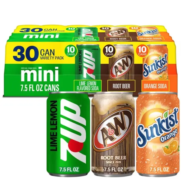 Fizzy Soda Variety Pack - 7UP, A&W Root Beer, Sunkist, 7.5 fl oz Mini Cans, 30 Pack