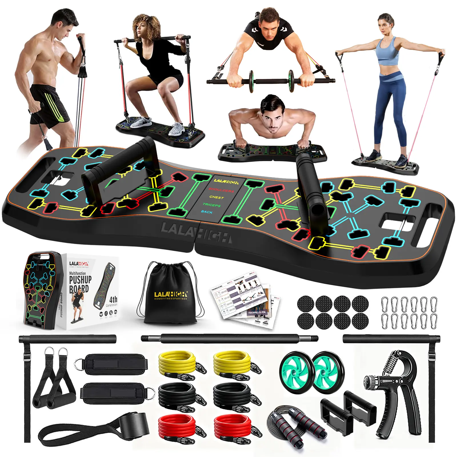 LALAHIGH Portable Home Gym Push-Up Board Set, Foldable Push Up Bar Set with Resistance Bands, Strength Training Equipment for Chest Workout & Core