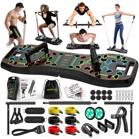 LALAHIGH Portable Gym Equipment Pilates Bar Set - Push Up Bars, Workout Station, 20 Fitness Accessories (Resistance Bands, Ab Roller Wheel) for Home Full-Body Workouts
