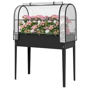Black Raised Garden Bed with Flip Up Greenhouse Cover Metal Elevated Planter with Legs and Drainage Hole 26 Gallon for Patio Backyard Deck Cold Frost Bird Protection