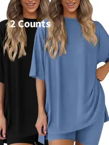Women's Solid Color T-Shirt and Fitted Shorts Loungewear Set, Casual Comfortable Round Neck Sleepwear for Summer, with Pockets and Oversized Fit, Casual Comfy Pajama, Women's Affordable Pajamas, Basic, Soft Lounge Sets