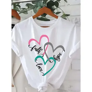 "Beauty, Love, Hope" Inspirational Quote T-Shirt - Casual Crew Neck, Short Sleeve, Regular Fit Top with Colorful Heart Print, All-Season Wear, Inspirational Top|Heart Motif Top