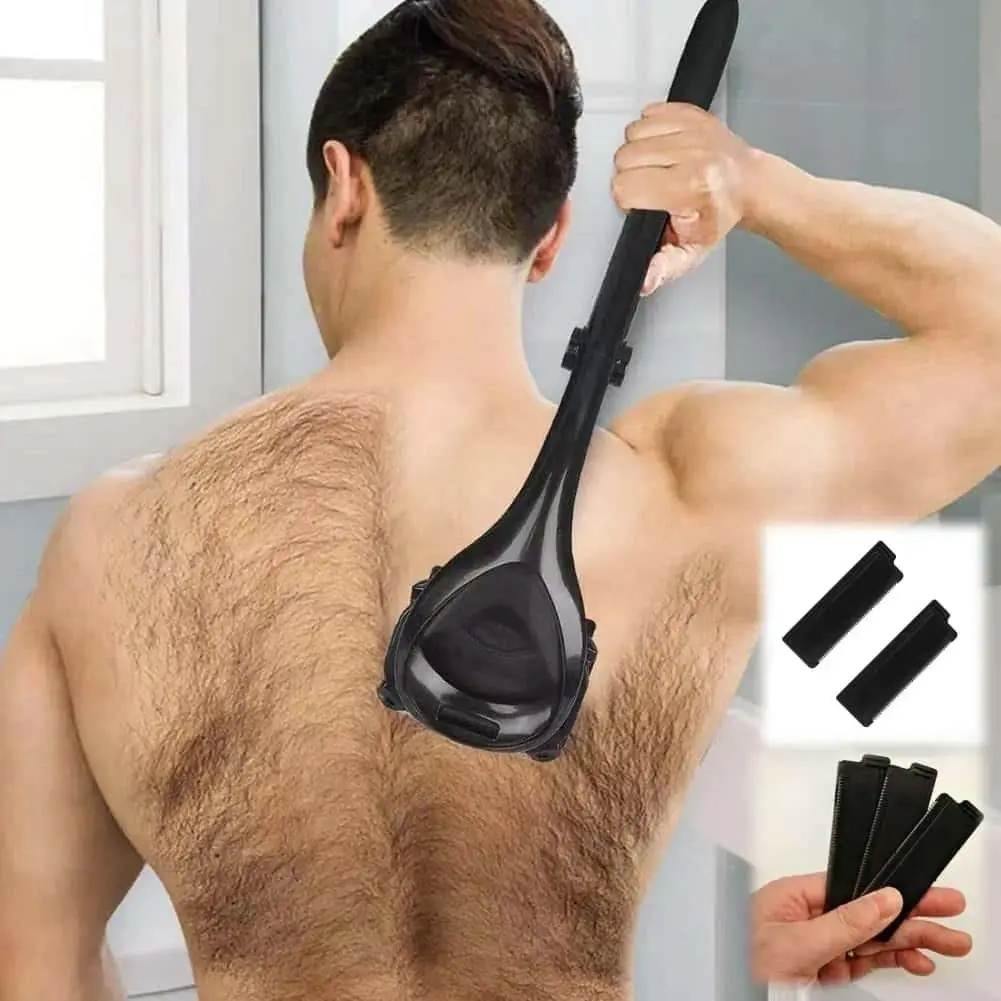 Men's Back Shaver Kit, Safe Blade Technology, Ergonomic Handle, Dry and Wet Use, Includes Replacement Blades, Body Grooming Tool