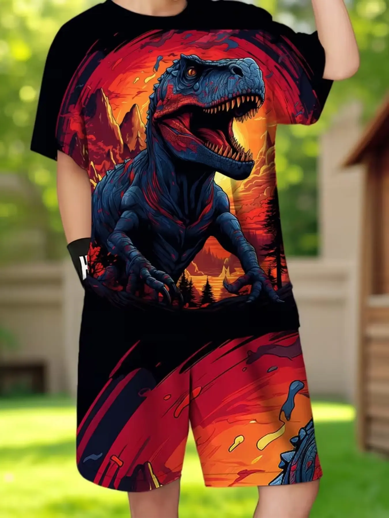Cute Baby Tyrannosaurus Rex Print Set, Dark Flame Background, Casual Fitted, Perfect for Outdoor Wear, All Seasons, Outfit, Clothes