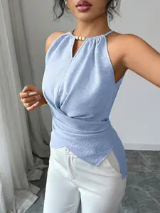 Fashionable Halter Neck Sleeveless Waist-Tied Fitted Solid Color Women's Short Top, Stylish and Elegant Design, Perfect for Casual Daily Wear