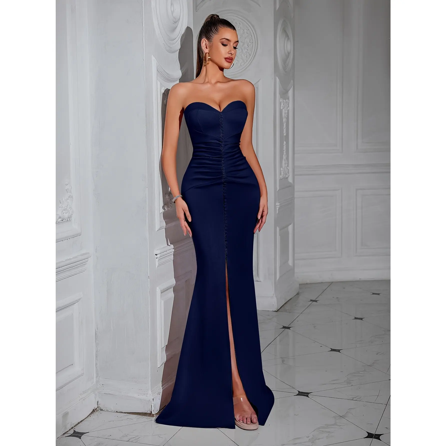 bodycon bridesmaid dresses Luxe Satin V-neck Bridesmaid Dress with split and pleating CB0585CR main image 1