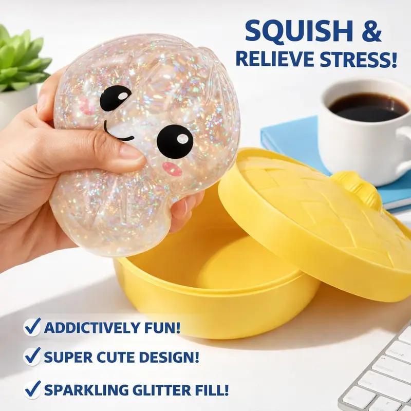 【Blind Box】2026 New Glitter Dumpling Squishy with Steamer Box, Soft Sensory Fidget Steamed Bun Squeeze Tool for Adult Stress & Anxiety Relief,