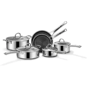 SNOWCLAD 10-Piece Nonstick Cookware Set Hybrid Stainless Steel Frying Pans Saucepans Saute Pan Stock Pot Induction Compatible PFOA Free Kitchen Skillet - Metal
