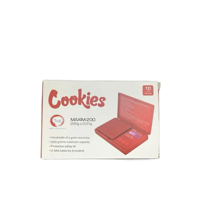 Cookie Scale - Red Design with "Cookies" Text and Measurement Details 200g x 1g