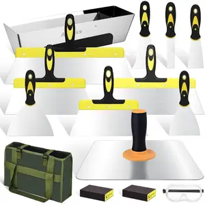 15- Professional Drywall Tool Kit - 14 count Stainless Steel Drywall  Set with 12"  Hawk, 14" Mud Pan, Oxford Carry Bag & Sanding Block, Complete Spackle Tools for  & Contractor