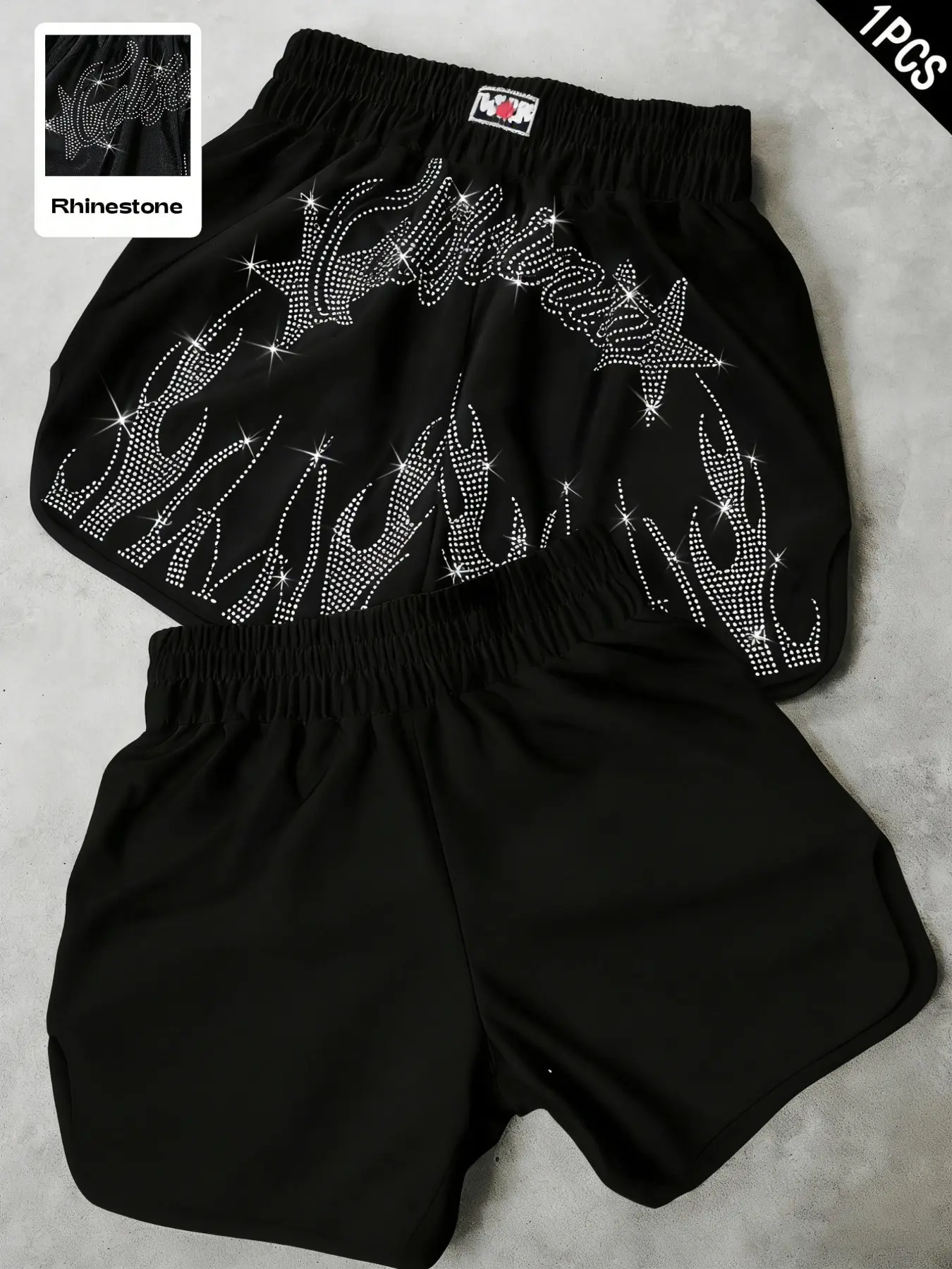 Men's Rhinestone Flame & Star Graphic Athletic Shorts, Breathable Sports Shorts, Breathable Fitness Shorts, Lightweight Breathable Polyester, Black with Rhinestone Design, Elastic Drawstring Waist, Summer, Gym, Daily Wear