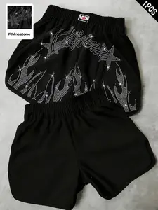 Men's Rhinestone Flame & Star Graphic Athletic Shorts, Breathable Sports Shorts, 1 Piece Set | Lightweight Breathable Polyester, Black Base with Rhinestone Design, Elastic Drawstring Waist, Y2K Streetwear Casual, Ideal for Summer, Gym, Daily Wear