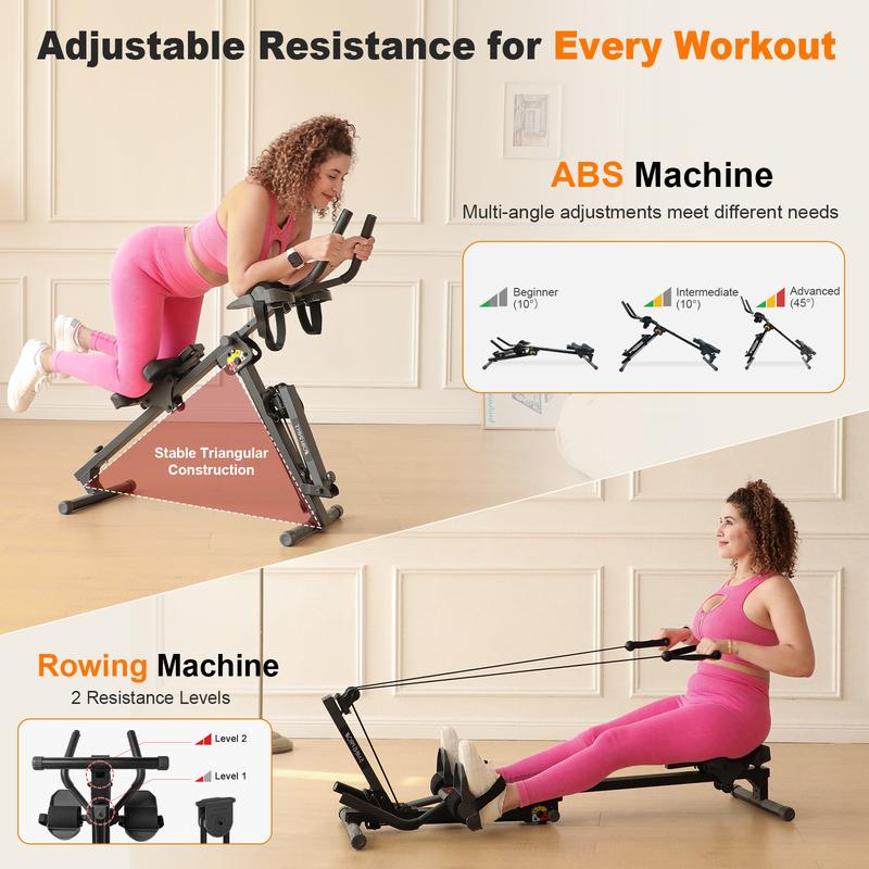 【February Deal】Tousains 3-in-1 Abmachine & Rowing Machine with Adjustable Height, Resistance Levels & LCD Display - Foldable, Stable Steel Frame, Core-Focused Moves & Functional Resistance Exercises