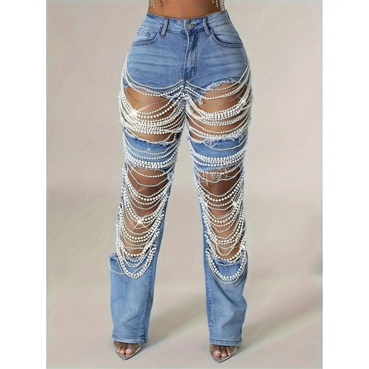 Women's Sexy Tight Elastic Tear Pearl Decoration Jeans Blue Skinny Fit Below the Ankle for Concert & Festival Y2K Style Denim Jeans