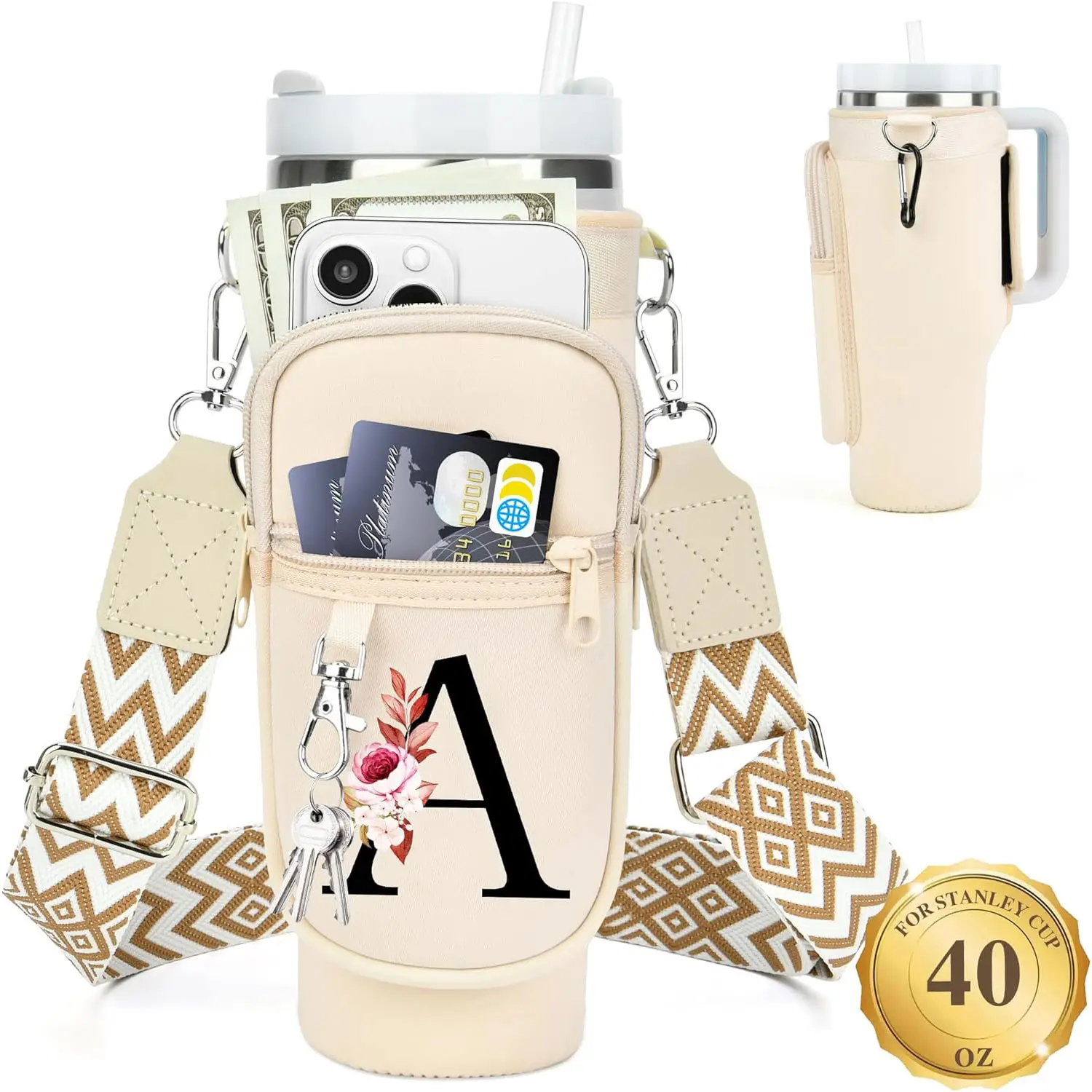 LOKASS Initial A-Z Water Bottle Carrier Bag for Stanley 40 oz Tumbler Neoprene with Phone Pocket, Adjustable Strap, Carabiner, Personalized Accessorie