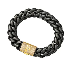 Hip Hop Letter A-Z Cuban Link 14MM Bracelet Black Stainless Steel Miami Thick Buckle Bracelet 7.5in 8.5in Casual Trendy Jewelry