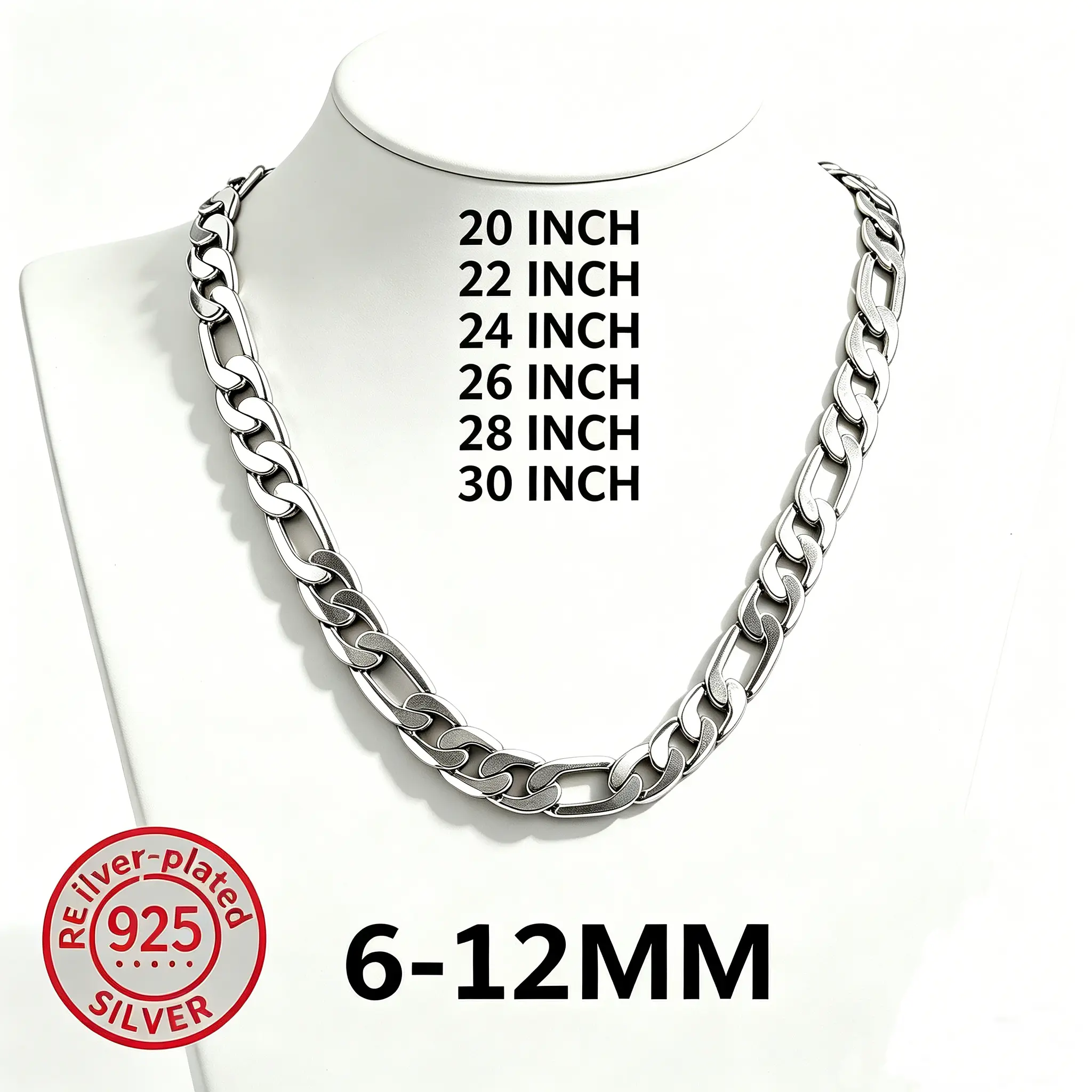 Classic 925 Silver-Plated Chain Necklace for Adults, Unisex Stylish Accessory for Daily Wear, 6-12mm Widths & 20-30 Inch Lengths, Stylish Accessories, Holiday, 10Mm, 20-30 Inches