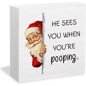 Funny Christmas Santa Bathroom Wooden Box Sign Desk Decor, He Sees You When You're Pooping Christmas Wood Signs for Bathroom Washroom Restroom Toilet Decorations, 5x5 Inch