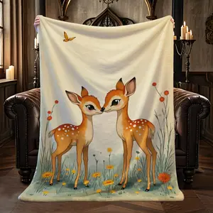 1Pc Soft And Comfortable Flannel Blanket, Deer Kissing Flowers In The Bush, 100% Polyester Fabric, Suitable For Bedroom, Bed, Sofa Home, Living Room, Bedroom, Graduation Gift, Christmas, Father'S Day, New Year Gift, Anniversary, Thanksgiving