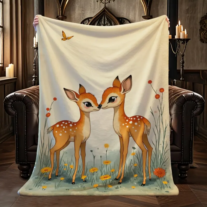 1Pc Glam 100% Polyester Flannel Blanket - Deer & Flower Bush Print, Soft & Comfortable, Machine Washable, Suitable for Bedroom, Sofa, Holiday Gift (Christmas, Graduation, Anniversary)