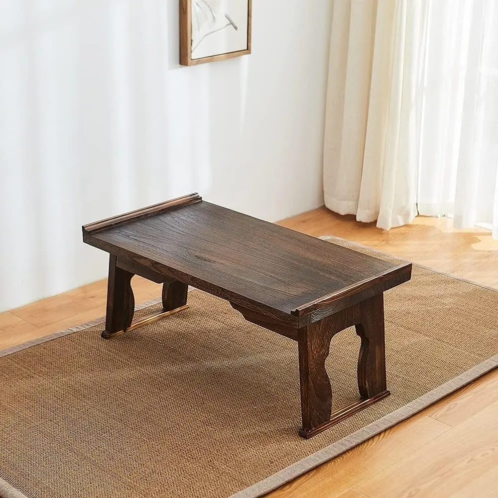 Foldable Wooden Laptop Desk, Breakfast in Bed Serving Tray, Japanese Floor Table for Tea & Coffee, Portable Antique Meditation Altar (26.8”x13.4”x11.4”)