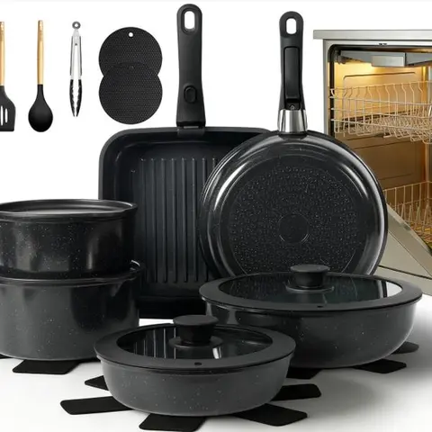 Kikcoin RV Nonstick Cookware Set Oven safe Non-Toxic Ceramic 22pcs pots and pans set complete Cookware Set with Lids,Detachable Handle,cook in RV PFAS-Free,Dishwasher Safe,Kitchen Outdoorfun Induction Compatible Handwashing Recommended,tiktokshop
