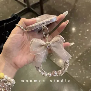 High-end heart-shaped diamond bow pink double-chain keychain with heart pendant, mobile phone accessory, bag charm, trendy accessory