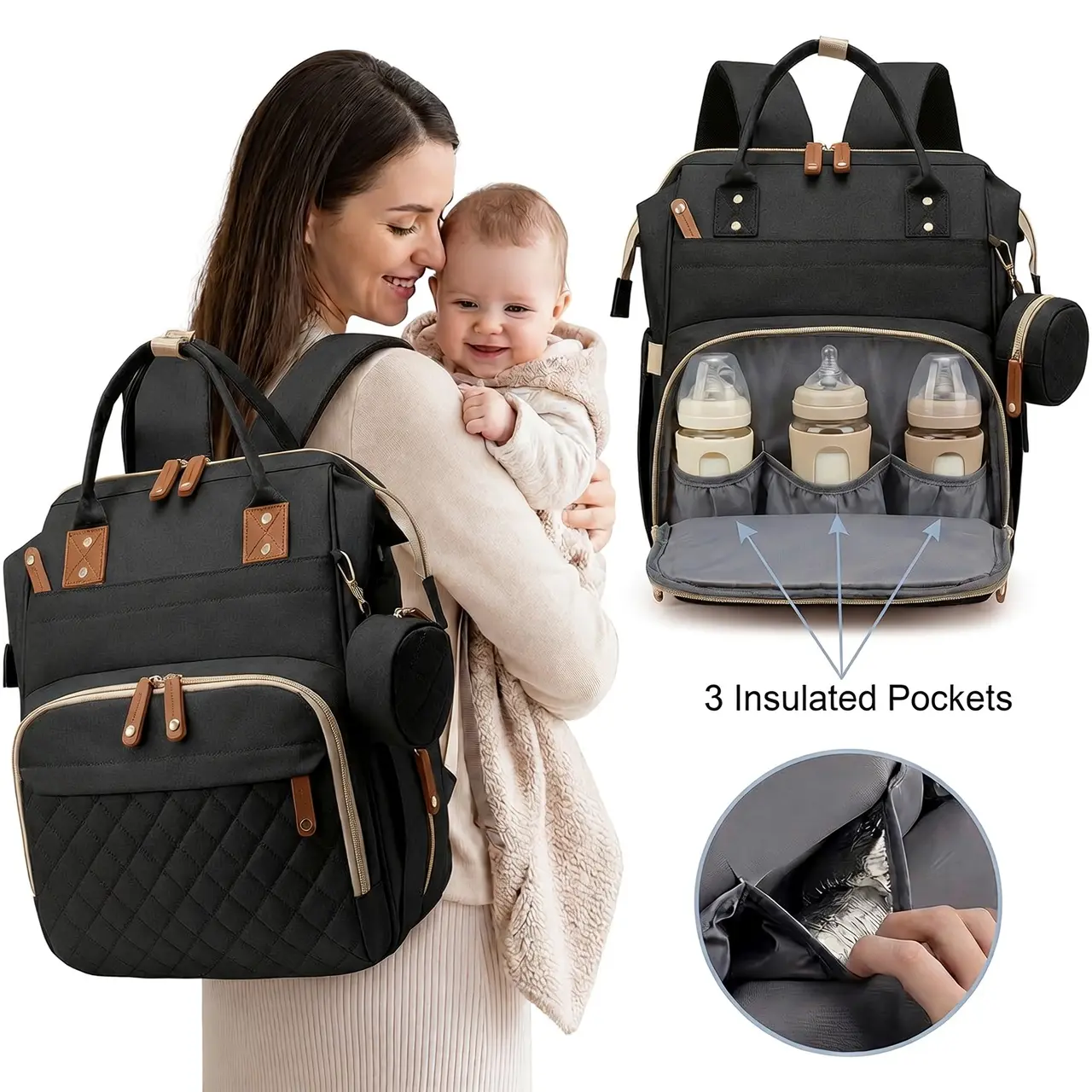 Waterproof Lightweight Baby Diaper Backpack Foldable Changing Station Pad, USB Charging Port & Insulated Bottle Pockets, Perfect Gift for New Mom Dad
