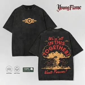 YoungFlame Fallout Vault Acid Wash T-Shirt | Wasteland Aesthetic Graphic Tee | Heavyweight 100% Cotton Summer Streetwear 2026 outdoorfun short-sleeved men