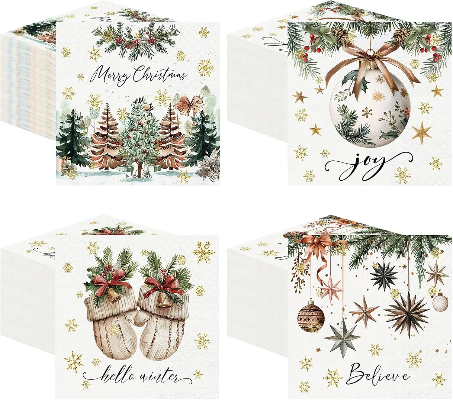 200 PCS Christmas Paper Napkins 2 Ply Disposable Cocktail & Lunch Napkins, Vintage Holiday Winter Tree Ornament Gloves Snowflake Design for Christmas Party Dinner Buffet Family Gathering Table Decor