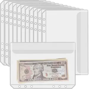 12 count A5 Binder Pockets with No Zippers, Zipless Budget Envelopes with Lids, A5 Binder Pouch for 6 Ring Binder,  Folder Organizer, Clear PVC Savings Challenges Envelopes, 12 count.