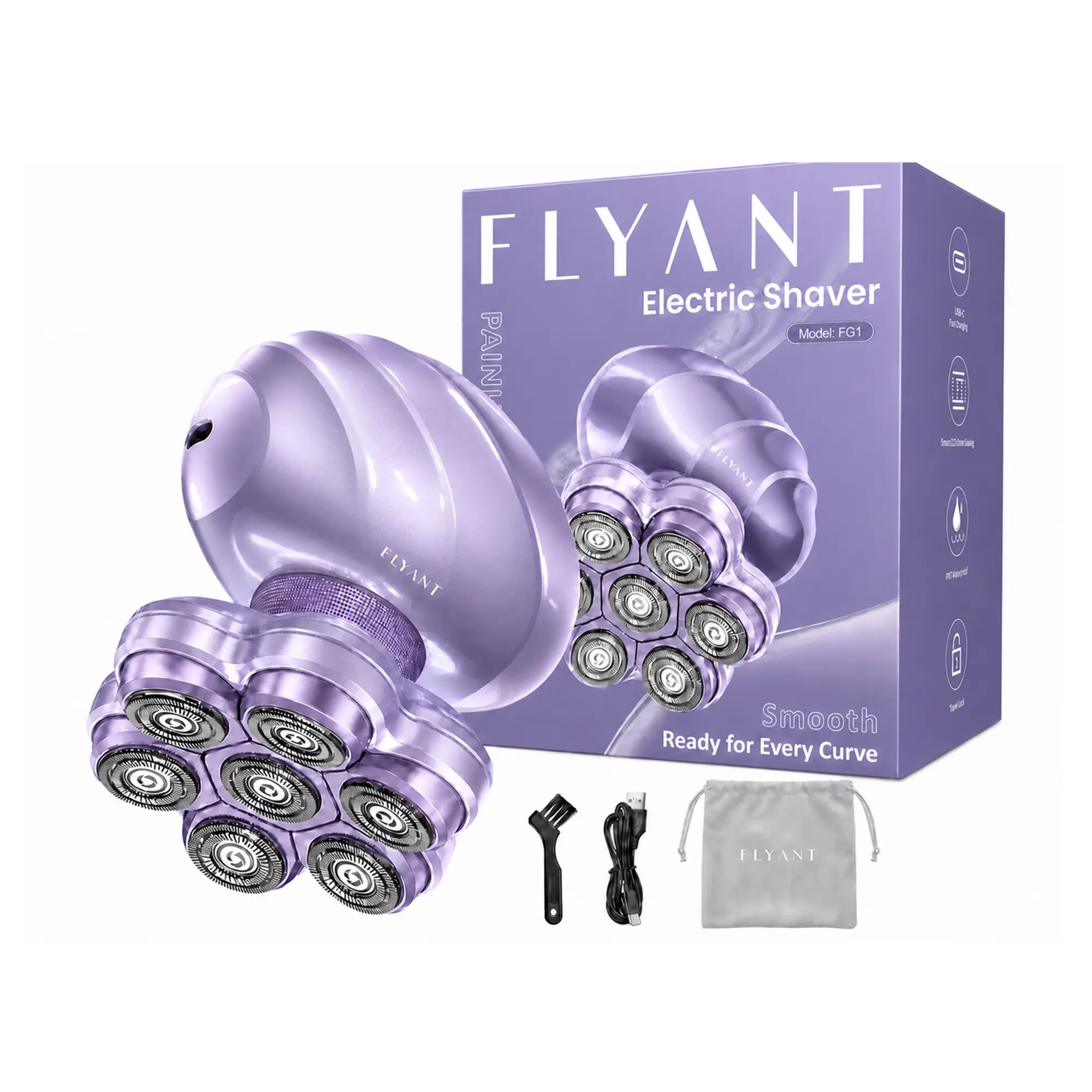 Flyant Purple 7D Floating Body Electric Shaver for Women, Rechargeable Electric Razors, IPX7 Waterproof Wet Dry biknini trimmer, electric head shaver, Lady Hair Remover for Face Underarm Pubic, Cordless, Flawless, Gift