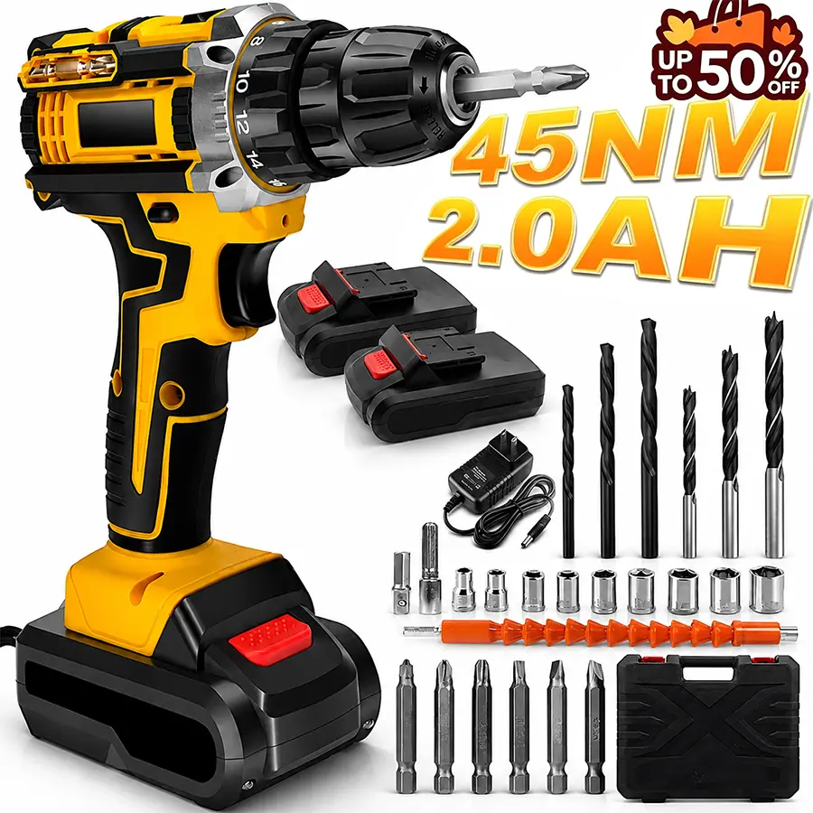 【DealsForYouDays】Cordless Drill Tool Set 21V Electric Power Drill with 2×2.0Ah Lithium-Ion Battery and Charger, 2-Speed Portable DIY & Home Toolbox Kit , Holiday gifts