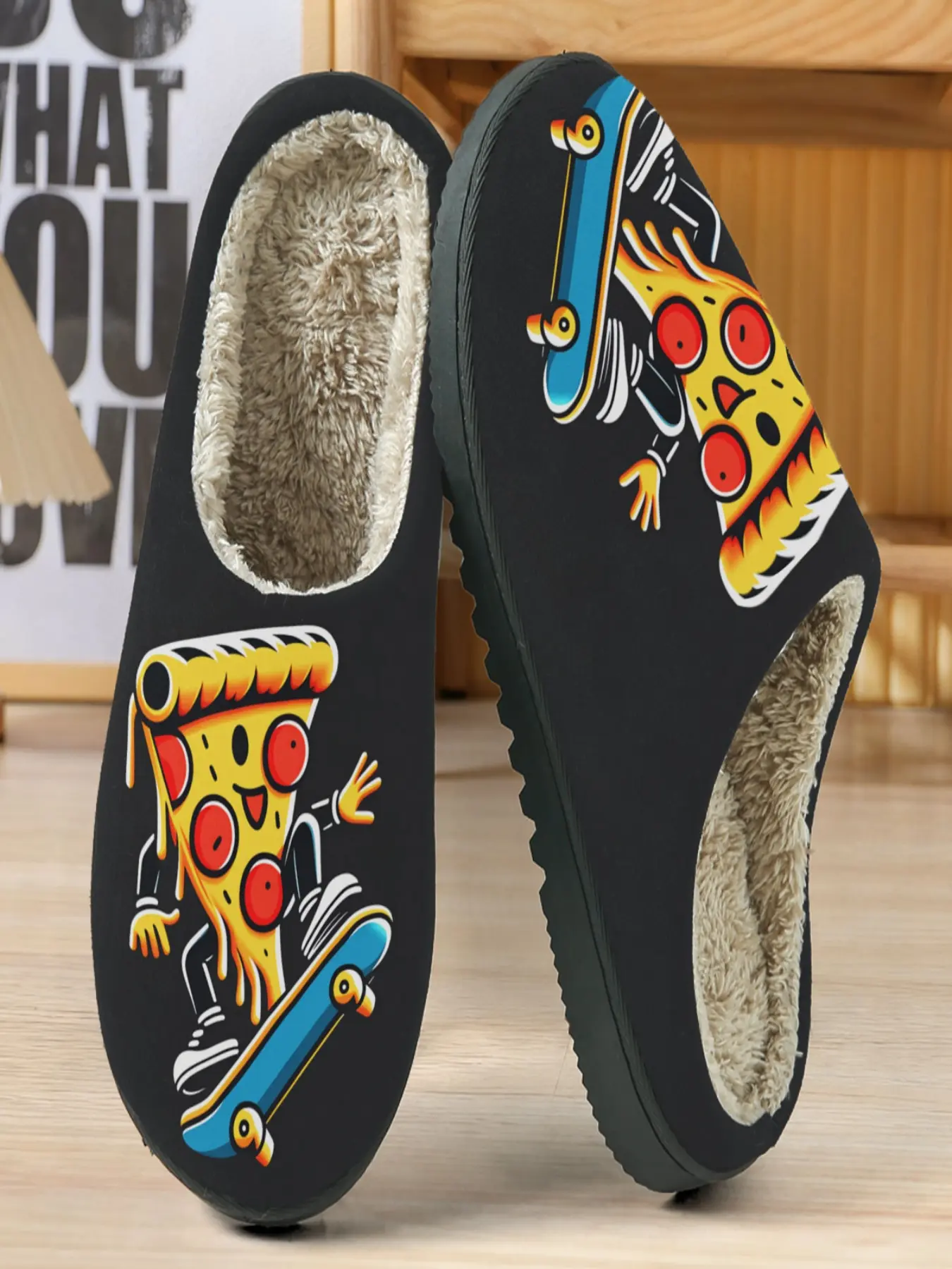Funny Pizza Skateboard Cotton Slippers, Base, Vibrant Colors, Casual Street Style, Soft Plush Lining, Home Wear