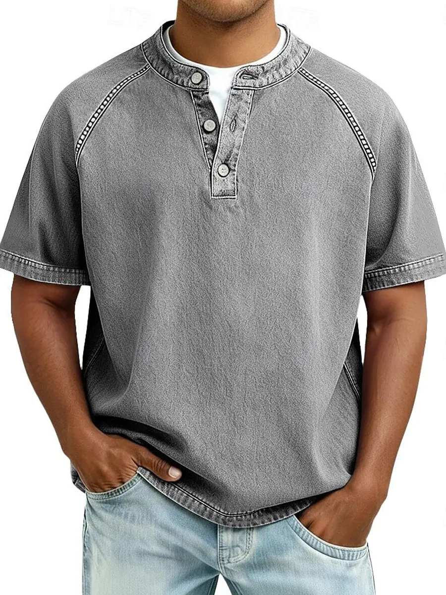 Menswear Men's Summer Solid-Color Distressed Short-Sleeve Polo Shirt - Soft Washed Fabric, Exposed Shoulder Seams, Ideal for Outdoor Outings, Street Exploration