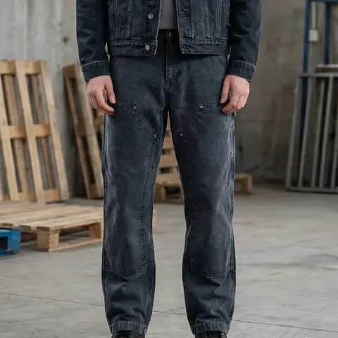 FroFooo Men's Straight Denim Blue Jeans - 16.2 oz Heavyweight 100% Cotton Relaxed Fit, Double Knee, High-Capacity Pocket, Buttons, 90s Look, Natural Fade With Wear, Mens Casual Streetwear Bottoms