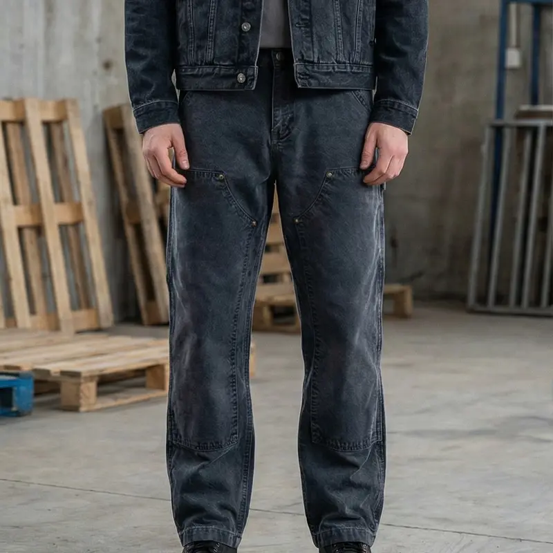 FroFooo Men's Straight Denim Blue Jeans - 16.2 oz Heavyweight 100% Cotton Relaxed Fit, Double Knee, High-Capacity Pocket, Buttons, 90s Look, Natural Fade With Wear, Mens Casual Streetwear Bottoms