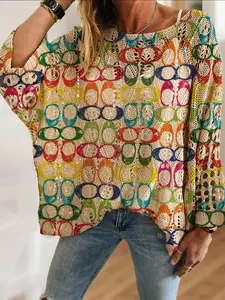 Women's Geometric Pattern Colorblock Knit Top Long Sleeve, Casual Elegant Vacation Style, Comfortable Breathable Loose Fit, Spring Summer Fall Fashion